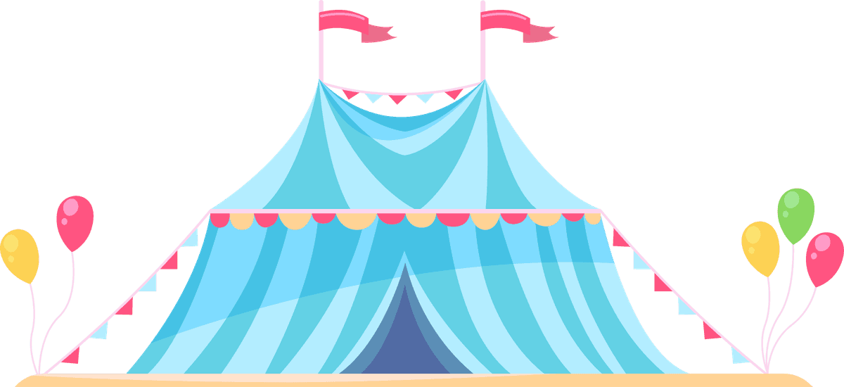 colorful amusement park flat elements featuring a festive circus tent with balloons