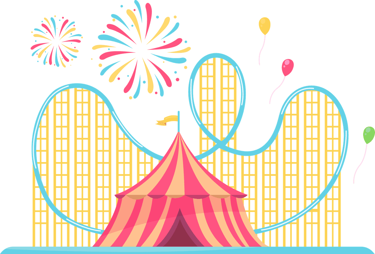 colorful amusement park flat elements with a circus tent and vibrant attractions