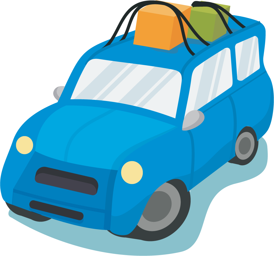 colorful carpool illustration featuring a blue car loaded with vibrant boxes for shared transport