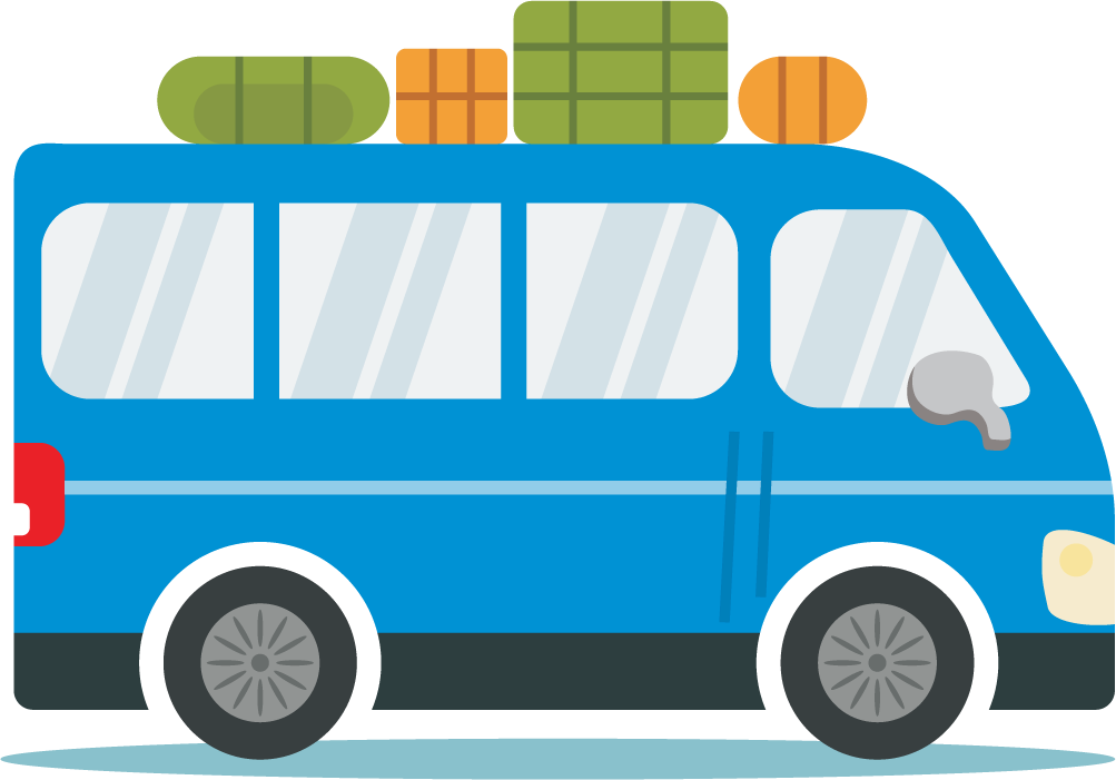 colorful carpool illustration featuring a blue vehicle with luggage for travel