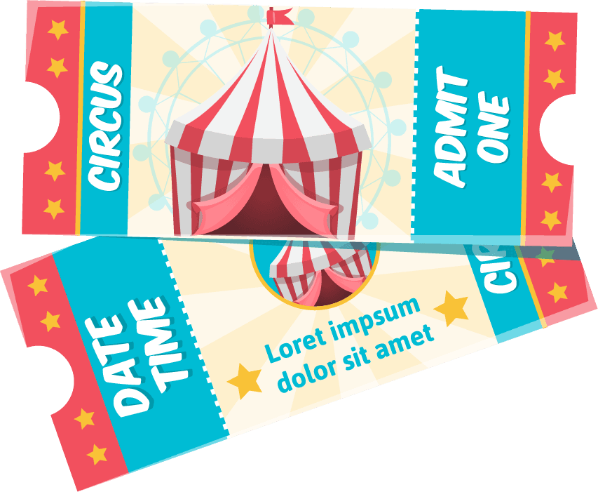 colorful different circus characters animals amusement rides event tickets stripped marguee symb