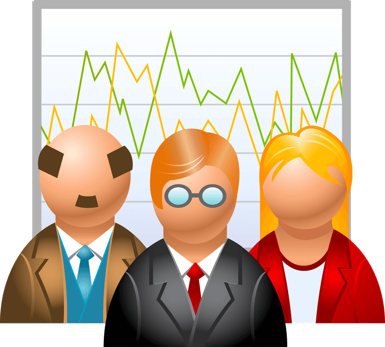 commercial and financial icon vector featuring diverse professionals analyzing growth trends in a modern business setting