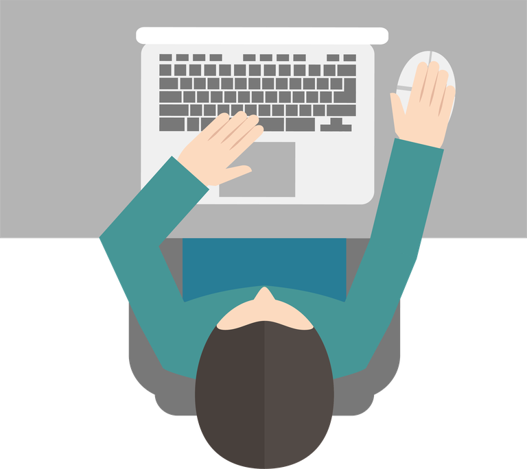 computer working flat icon depicting user engaged with laptop and mouse in a cozy workspace