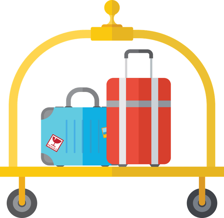 flat hotel and hospitality illustration featuring luggage cart with colorful suitcases