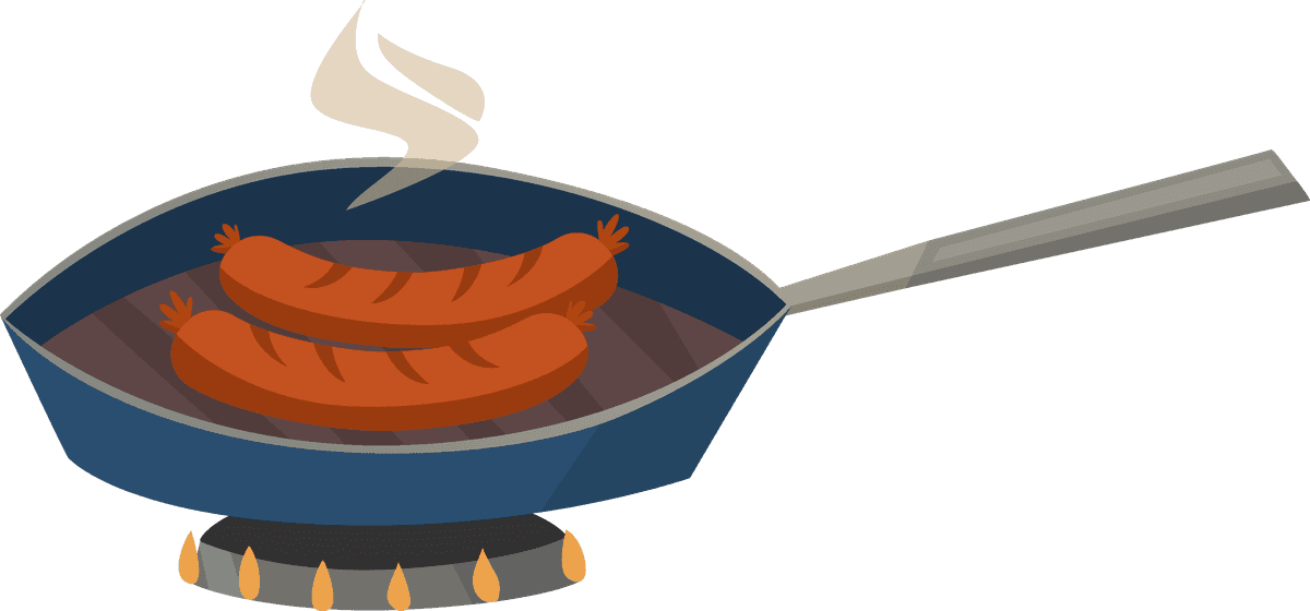 cooking process illustration design featuring sausages frying in a pan over a stove