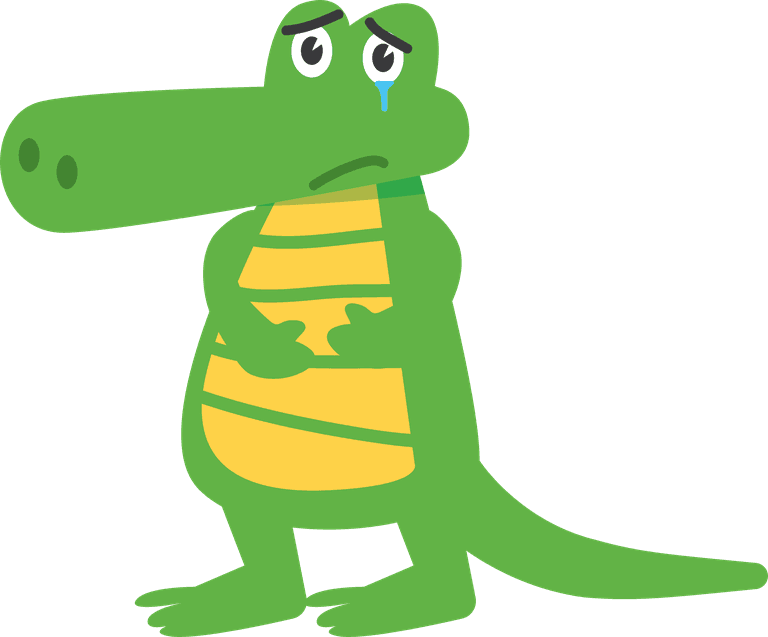 crocodile gator cartoon character with a sad expression for children’s stories and education