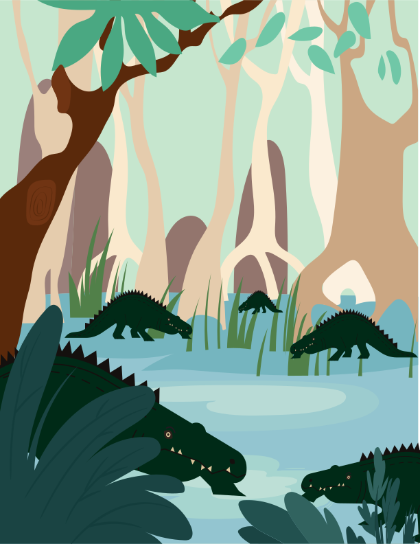 crocodile swamp forest sd illustration featuring lush greenery and playful wildlife scenes