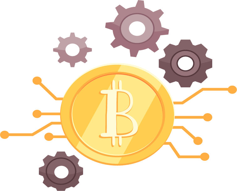 coin and cryptocurrency mining illustration featuring bitcoin and gear mechanics for digital finance