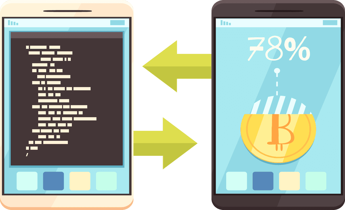 coin and cryptocurrency mining illustration showcasing data transfer and earnings tracking on mobile devices