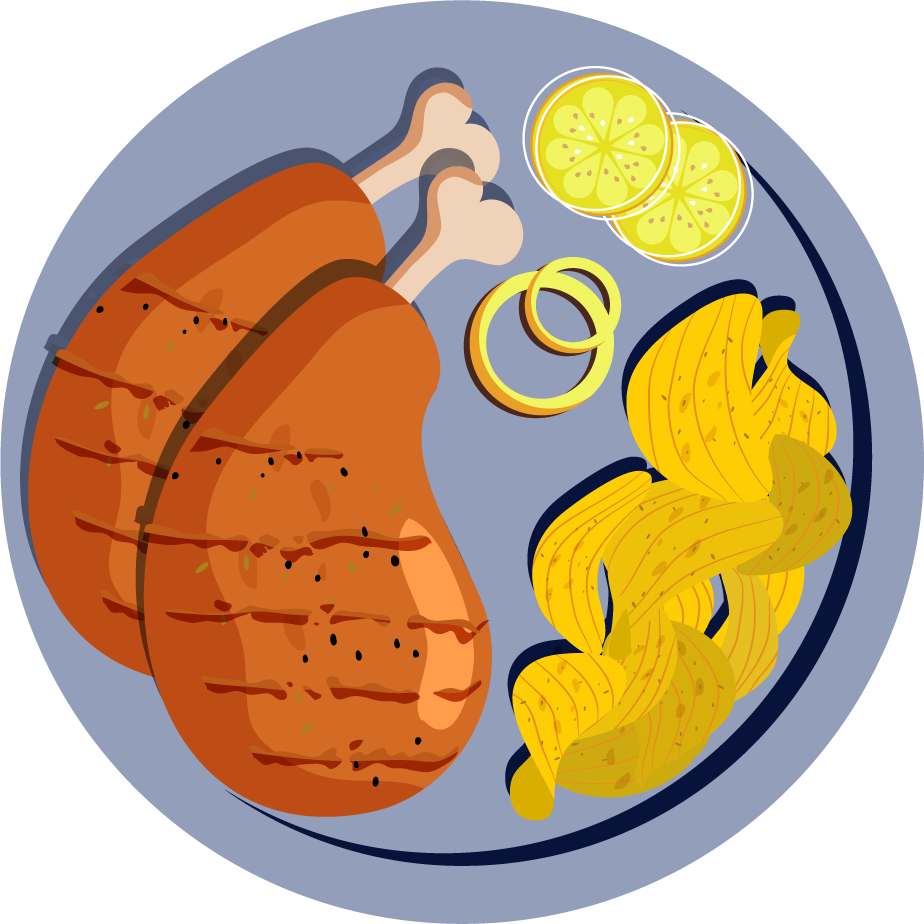 cuisines icons colorful flat sketch of grilled chicken with sides and garnishes