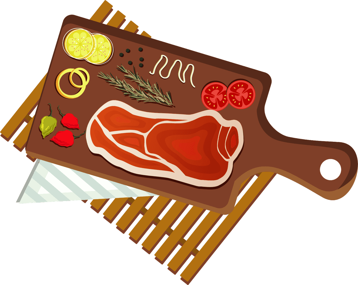 cuisines icons colorful flat sketch highlighting a delicious meat preparation on a wooden board
