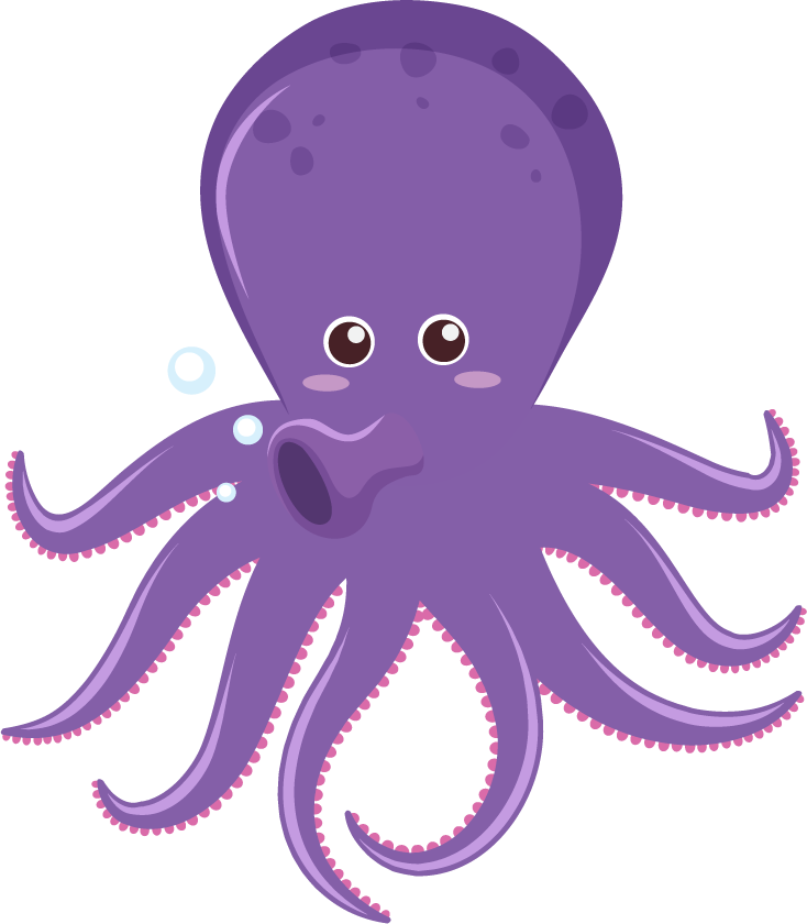 funny and cute animal characters featuring a playful purple octopus with friendly eyes