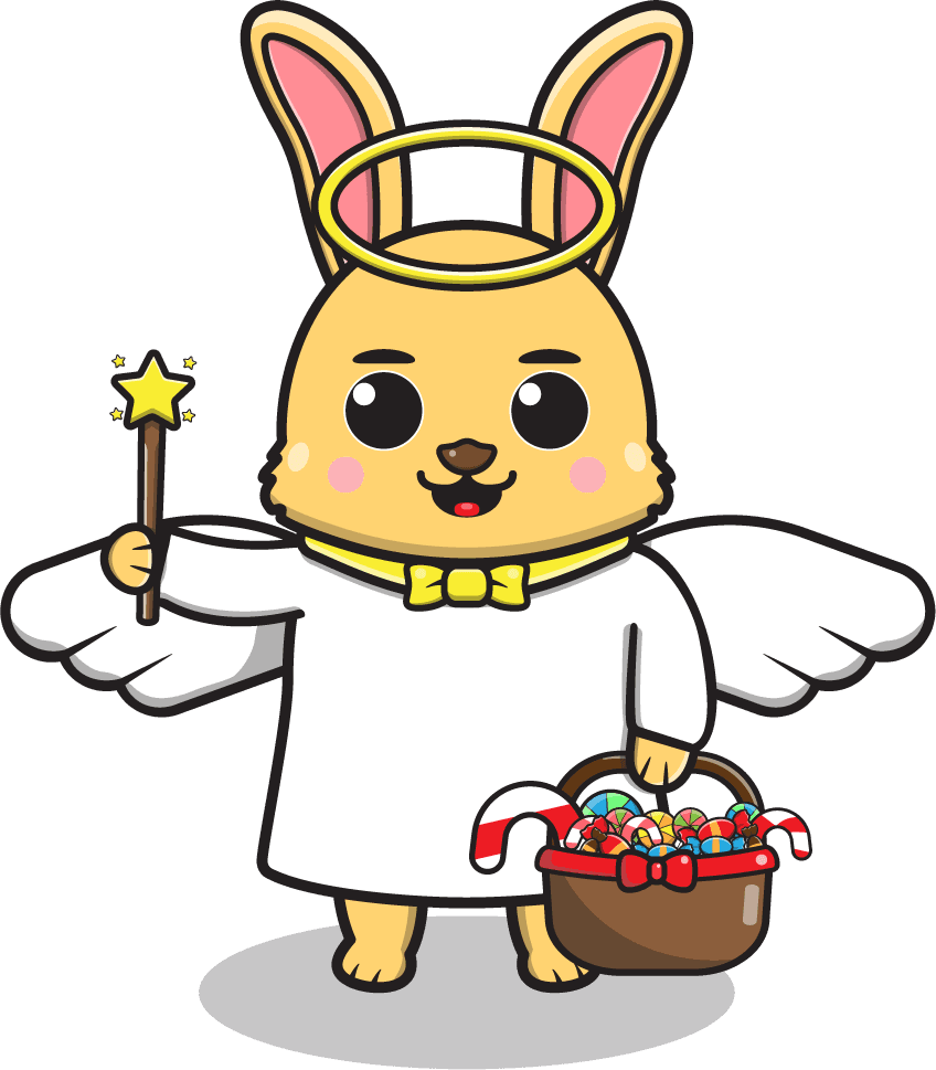 cute bear angel cartoon holding a magical wand and basket of treats for kids