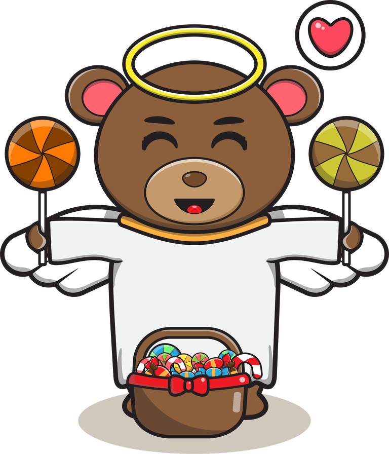 cute bear angel cartoon holding colorful lollipops and surrounded by candy treats