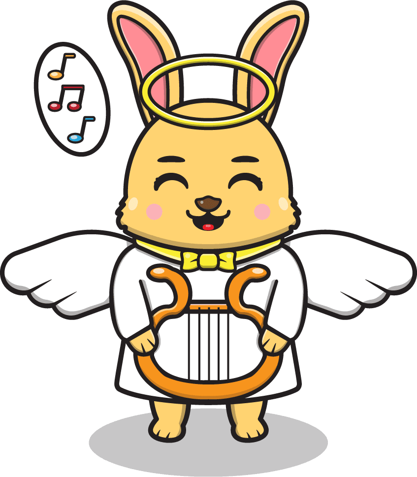 cute bear angel cartoon playing harp with joyful expression for kids' illustrations