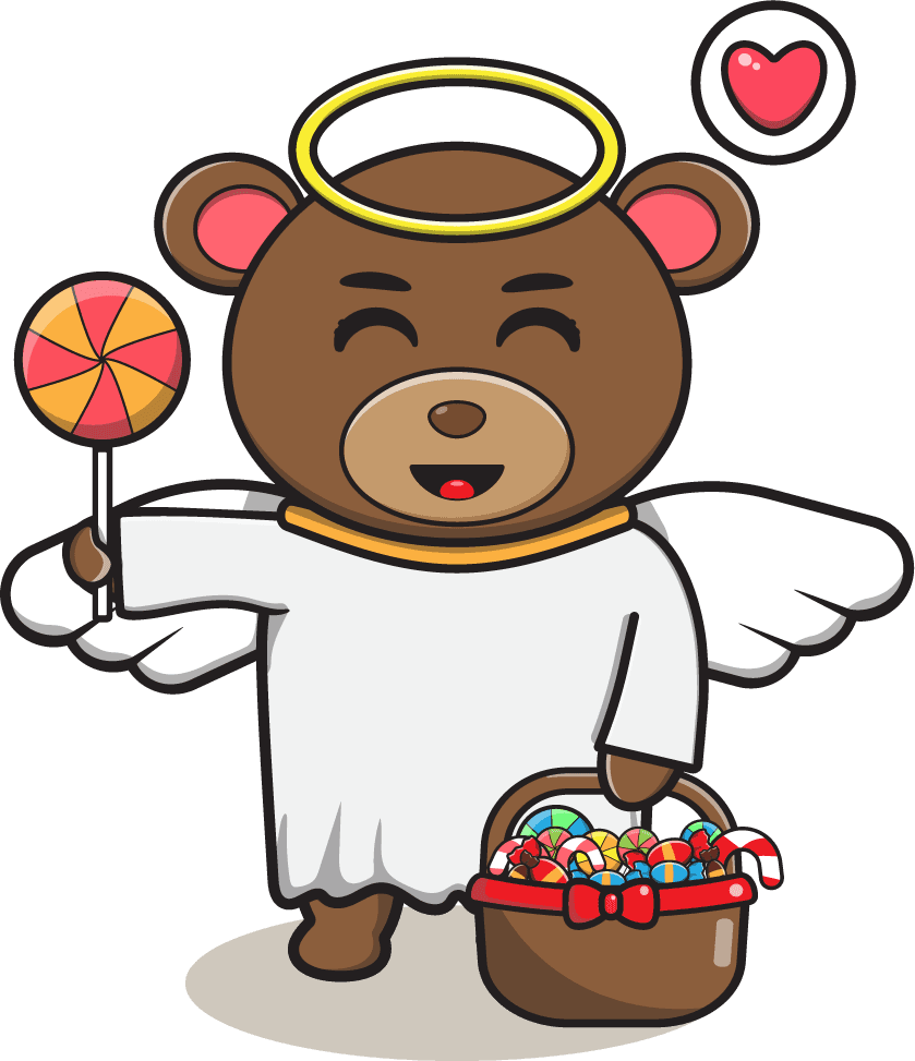 cute bear angel cartoon holding candy and a basket of sweets for joyful celebrations