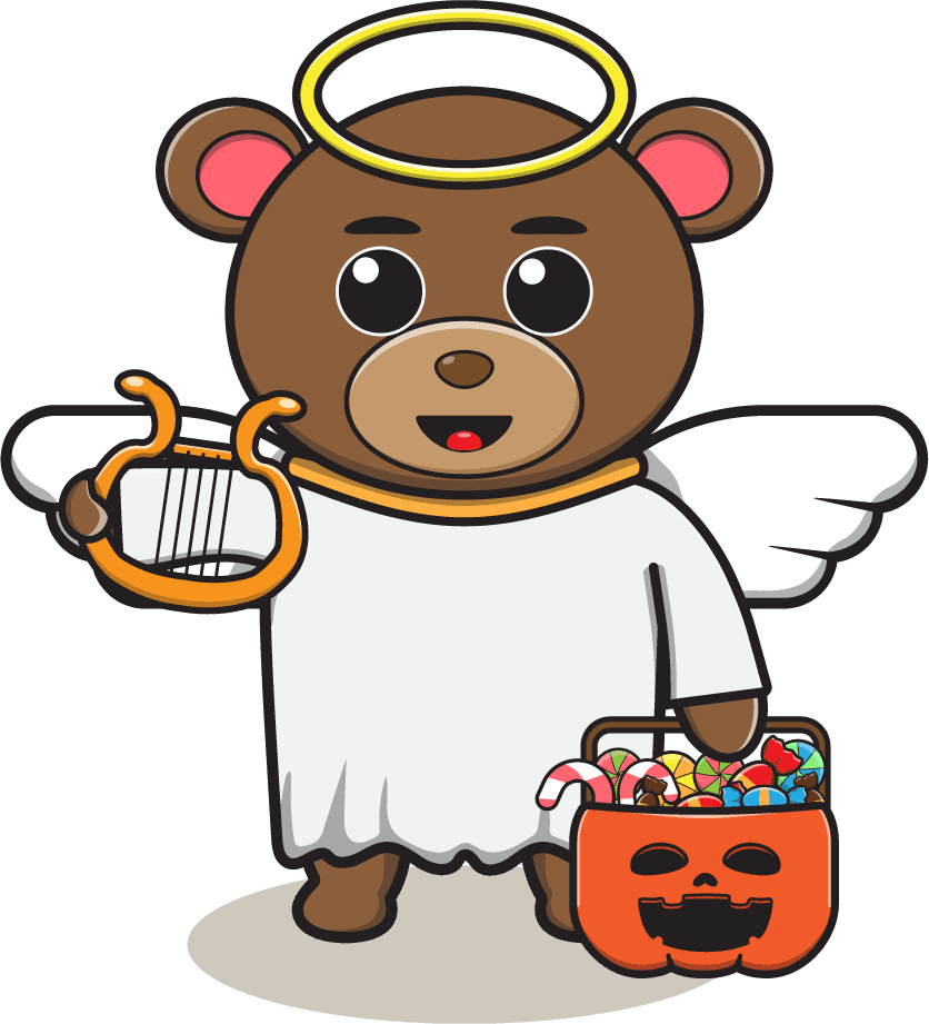 cute bear angel cartoon holding a harp and trick-or-treat bag for Halloween fun