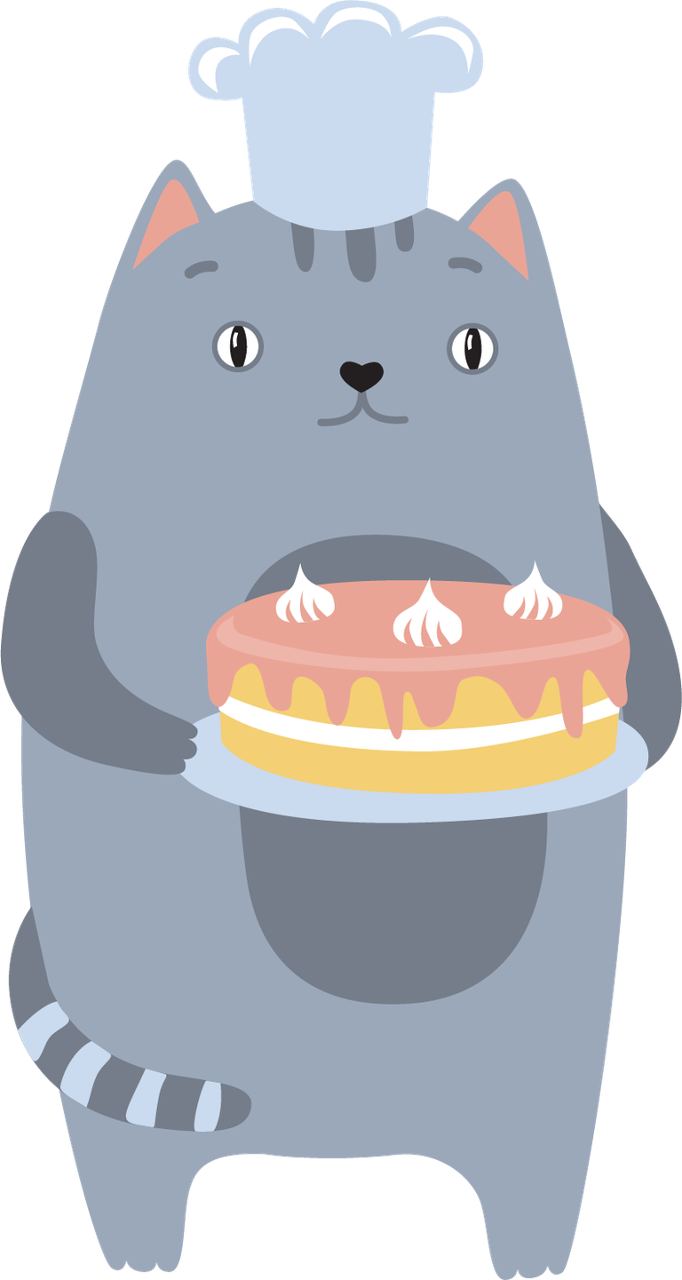 cute cats icon kit featuring a cheerful gray cat baking a delicious cake