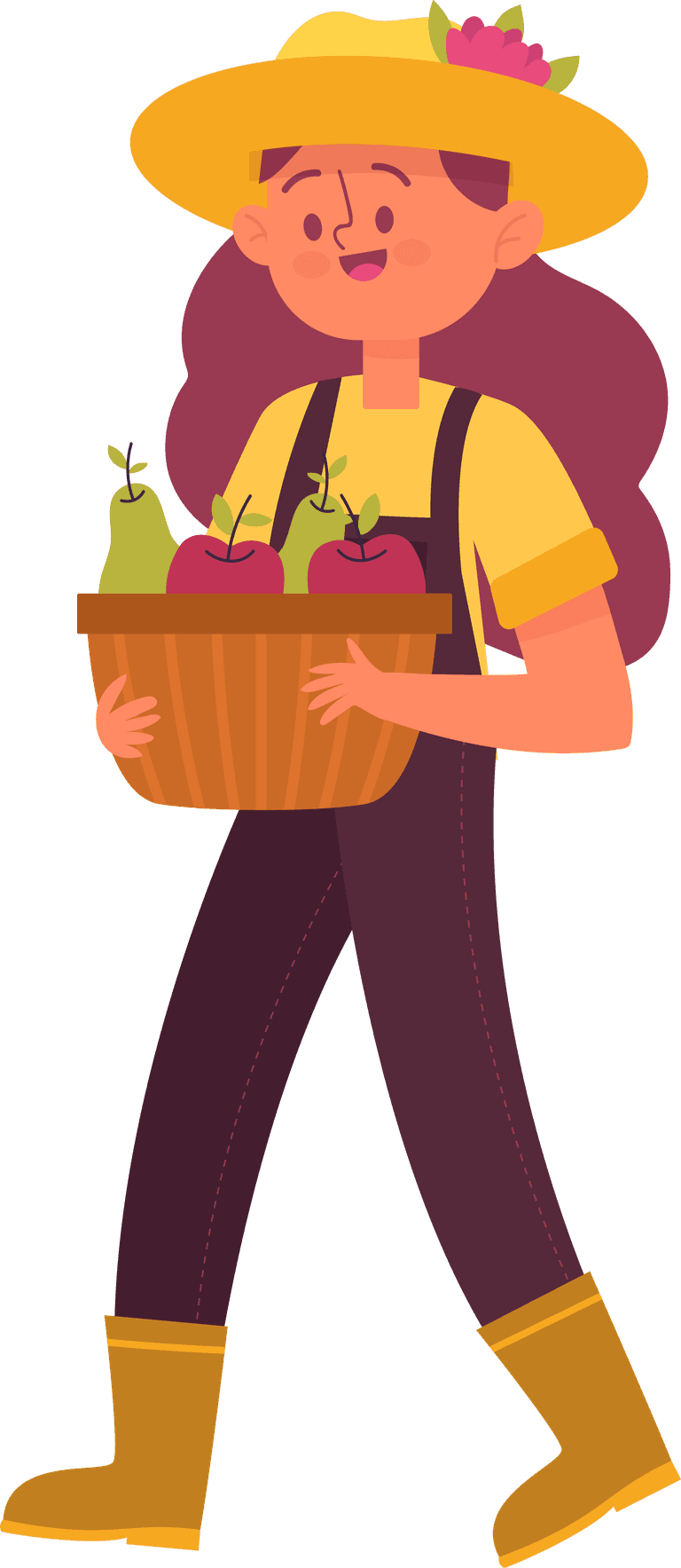 cute farmer character illustration carrying a basket of fresh produce in a joyful style