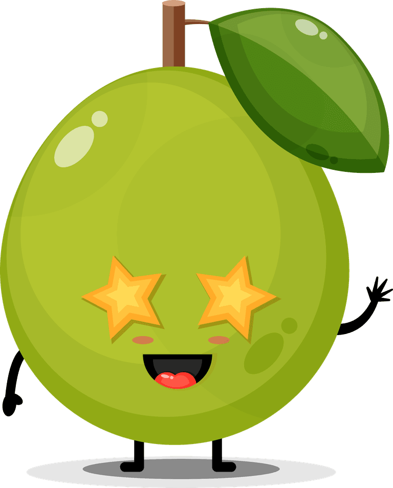 adorable cute guava mascot guava character with starry eyes and green leaf