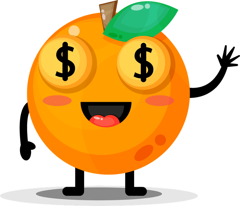 cute oranges mascot illustration with dollar signs for playful branding and promotions