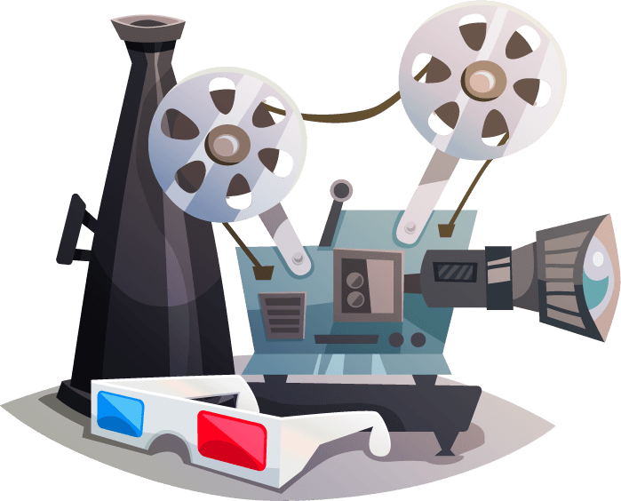 vintage cartoon cinema design concepts with projectors and 3d glasses for fun storytelling