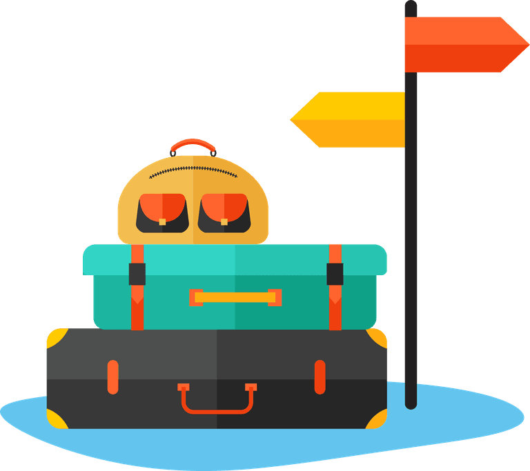 traveling isolated decorative icons featuring vibrant luggage and directional signposts