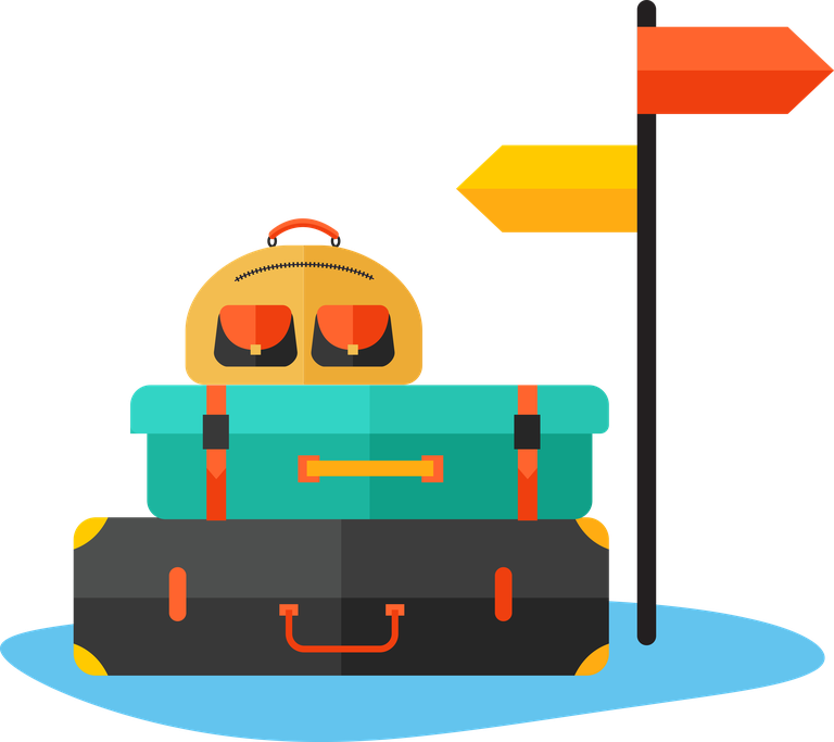 traveling isolated decorative icons featuring vibrant luggage and directional signposts