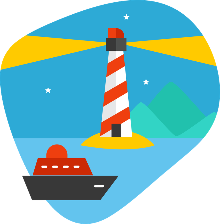 traveling isolated decorative icons featuring a lighthouse, boat, and serene water scene