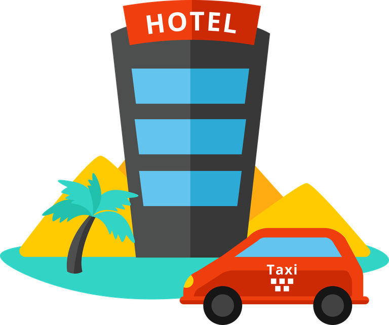 traveling isolated decorative icons for hotel, taxi, and tropical beach scenery