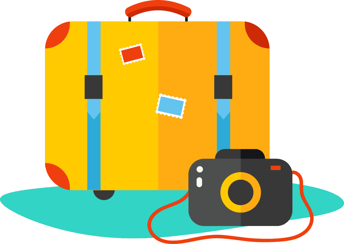 traveling isolated decorative icons featuring a vibrant suitcase and camera for adventurous journeys