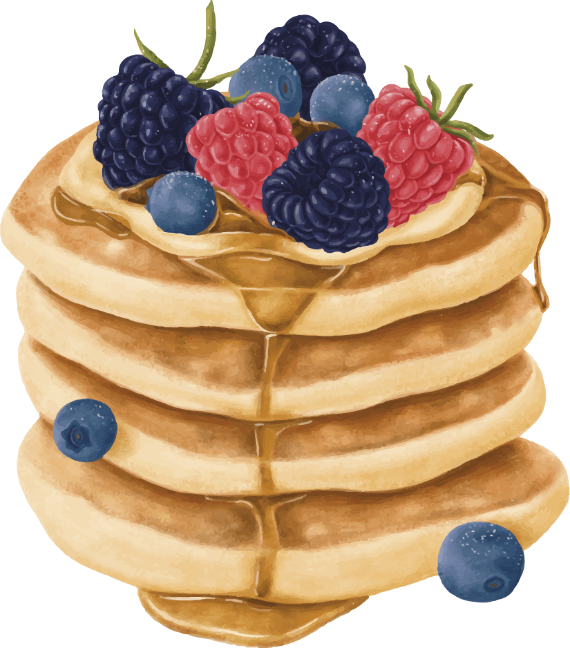 delicious hand painted desserts featuring stacked pancakes topped with fresh berries and syrup