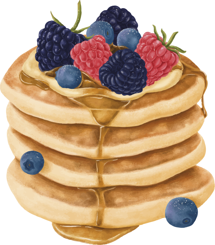 delicious hand painted desserts featuring stacked pancakes topped with fresh berries and syrup