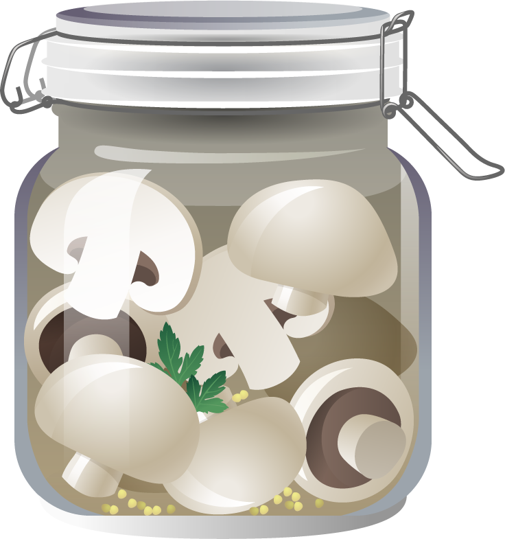 different food objects icons vector featuring pickled mushrooms in a jar for cooking and decoration