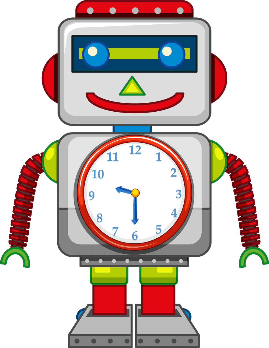 simple kid toys clipart of a cheerful clock robot design for children’s education