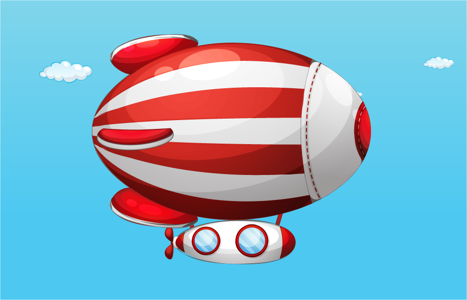 different types of aircrafts illustration featuring a colorful hot air balloon and blimp
