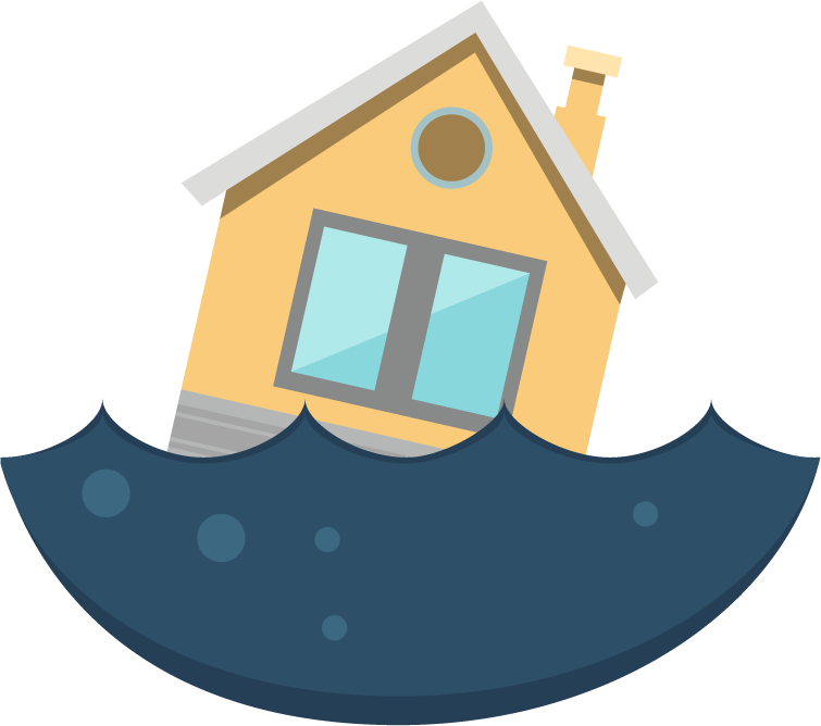 flat disaster damage elements illustration of a submerged house in floodwaters