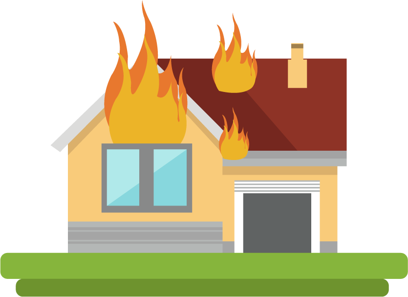 flat disaster damage elements illustration of a house engulfed in flames and smoke