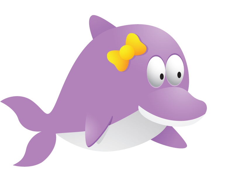 various comics and cartoon animals featuring a playful purple dolphin character