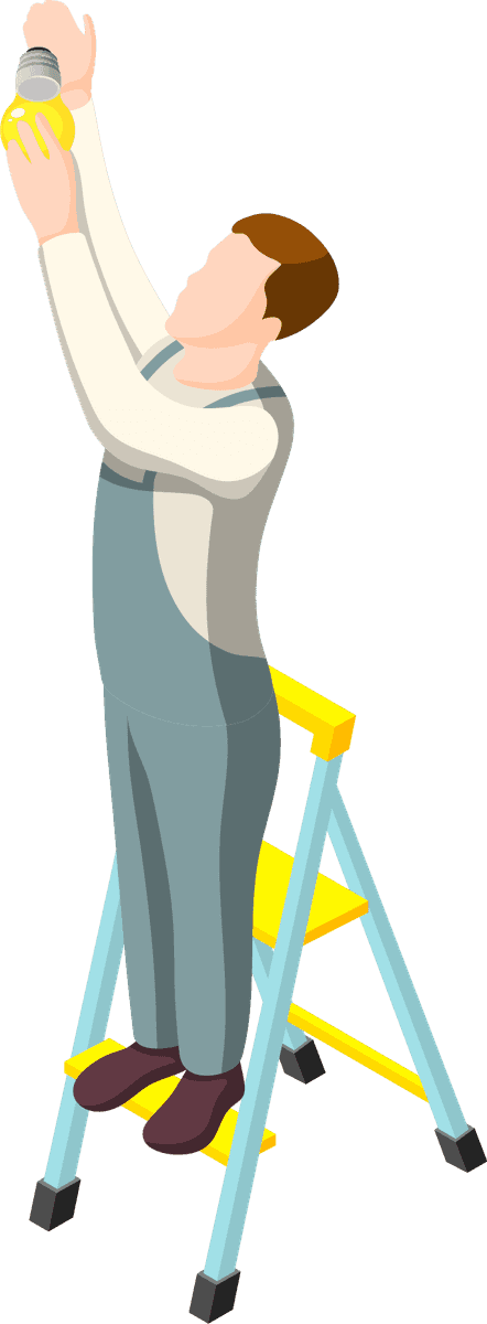 domestic servant isometric characters performing household maintenance tasks on a ladder