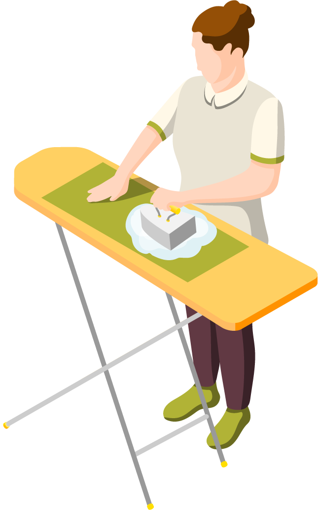 domestic servant isometric characters performing household chores in a modern home setting