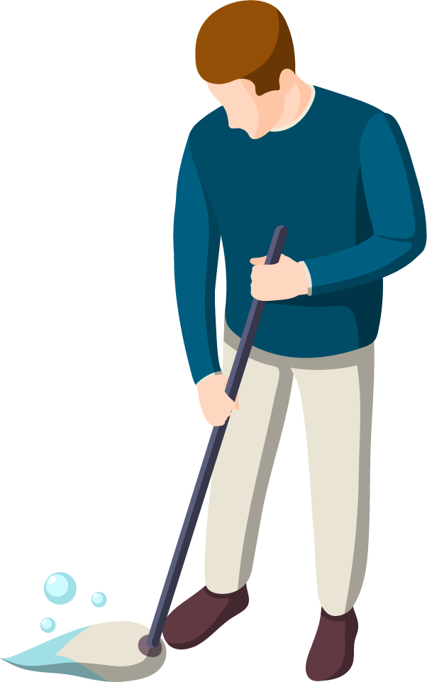domestic servant isometric characters cleaning floor with mop and bubbles illustration