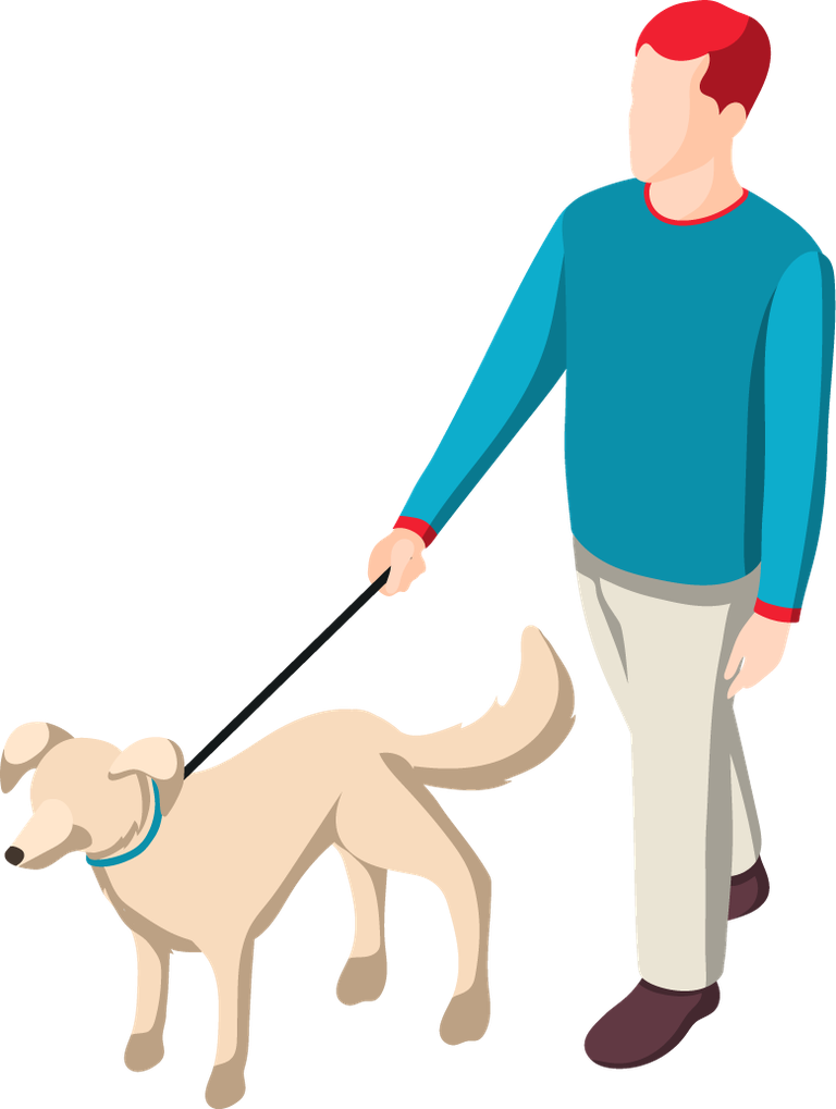 domestic servant isometric characters walking a dog in a modern suburban setting