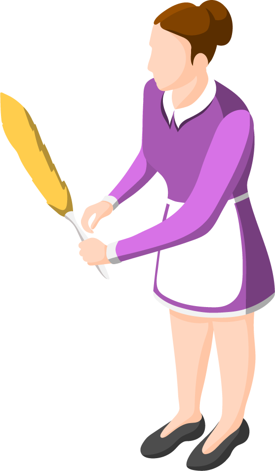domestic servant isometric characters cleaning with a feather duster in an elegant outfit
