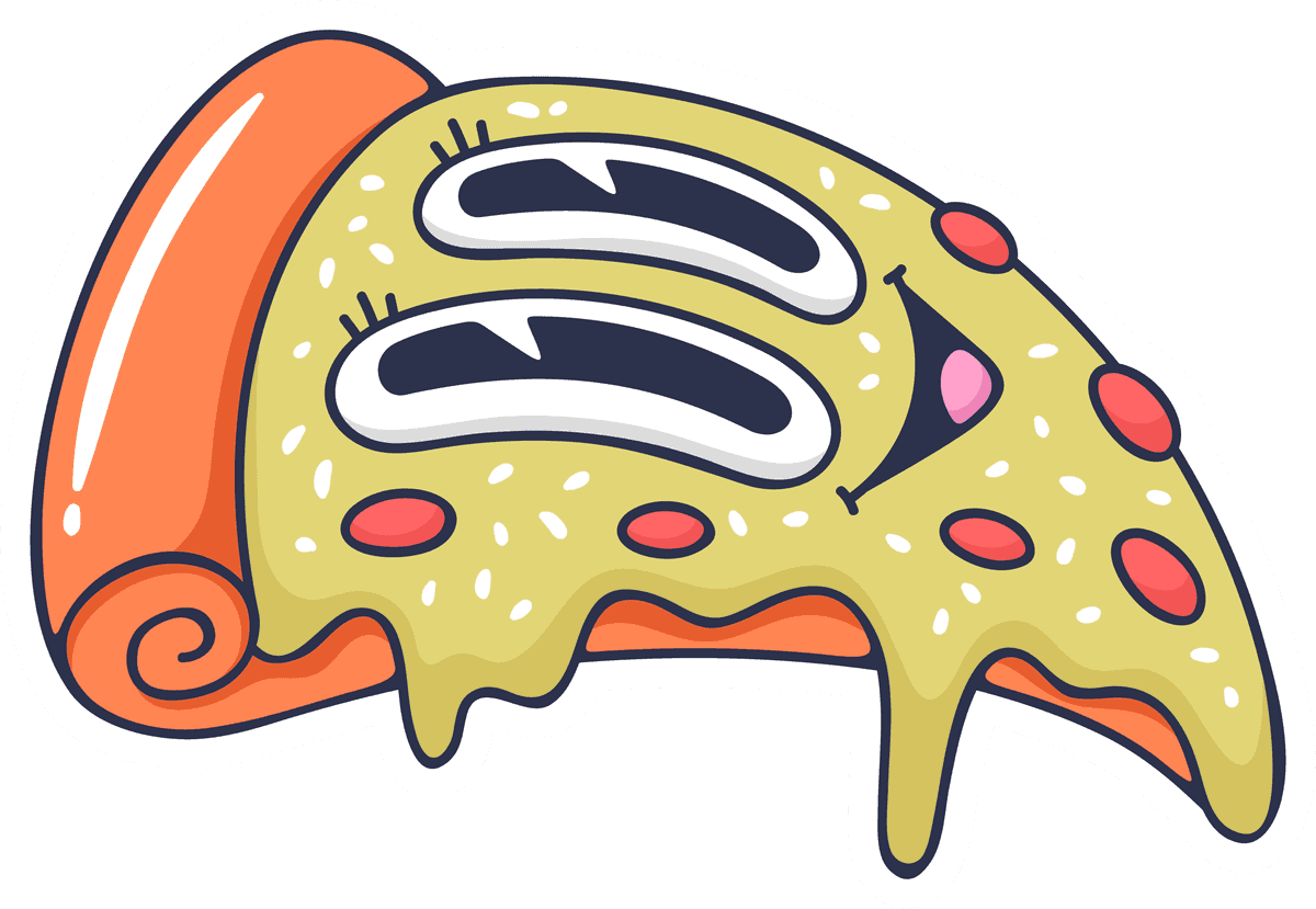 doodle flat trendy cartoon element pizza slice with playful expressions and vibrant colors