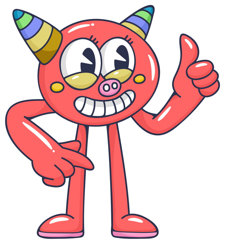 doodle flat trendy cartoon element of a cheerful character with colorful horns and thumbs up