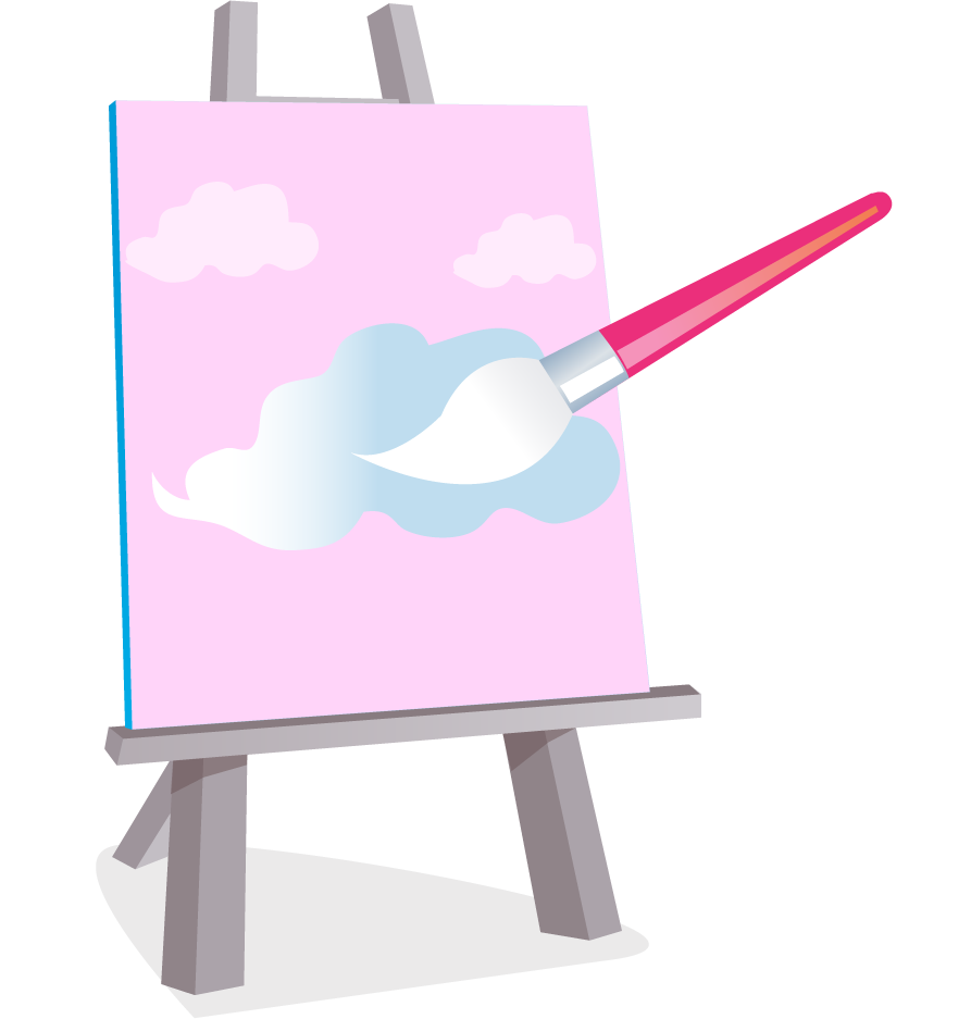 simple drawing tools illustration showcasing a creative canvas with paintbrush and soft clouds