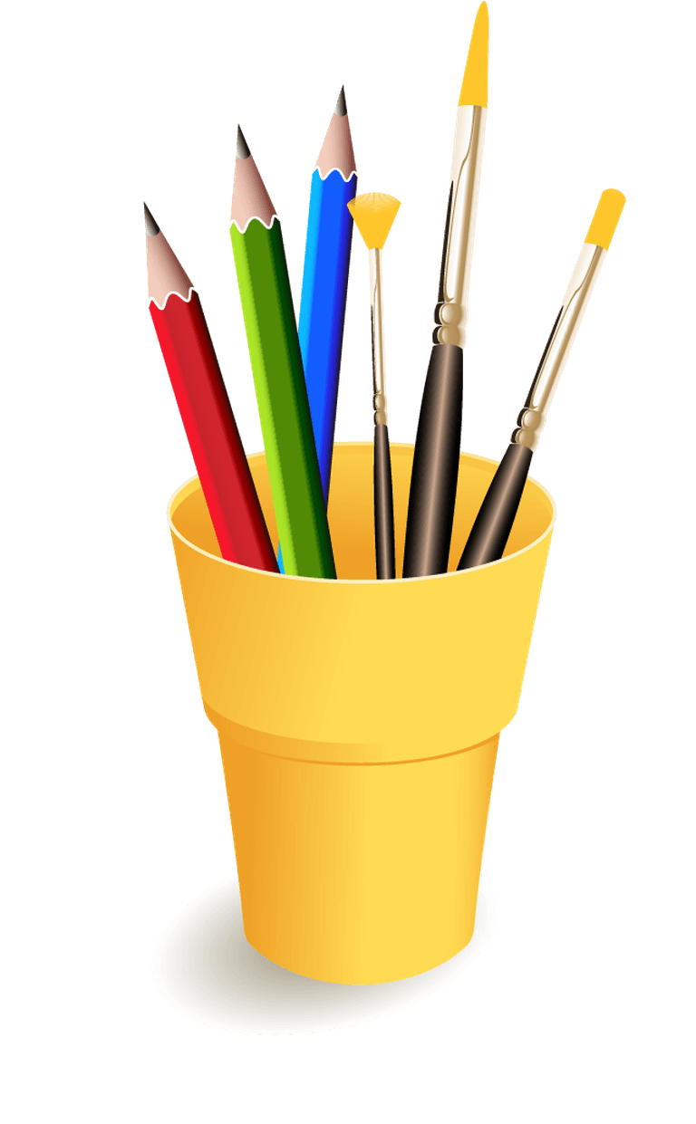 simple drawing tools illustration showcasing colorful pencils and paintbrushes in a yellow pot