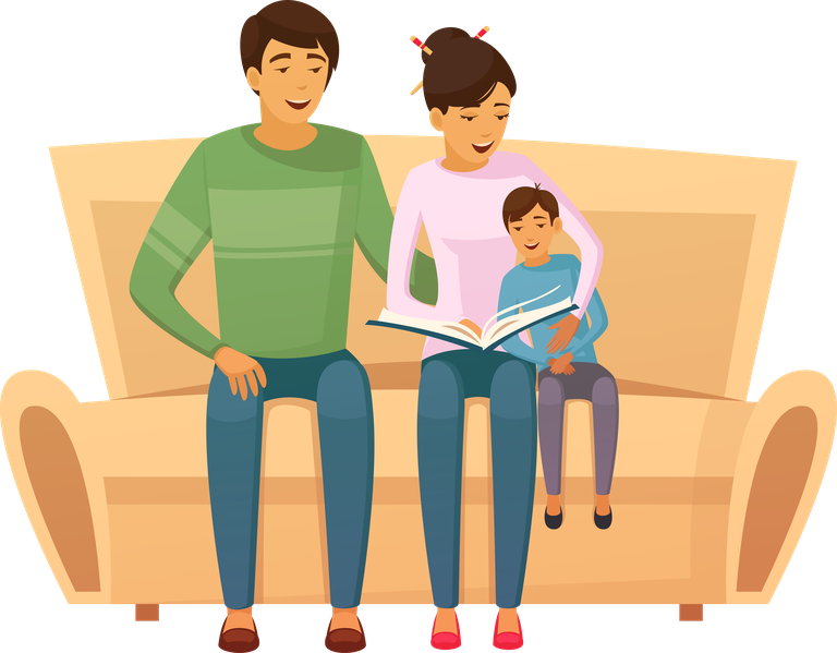 eastern people decorative icons featuring family reading together in a cozy living room