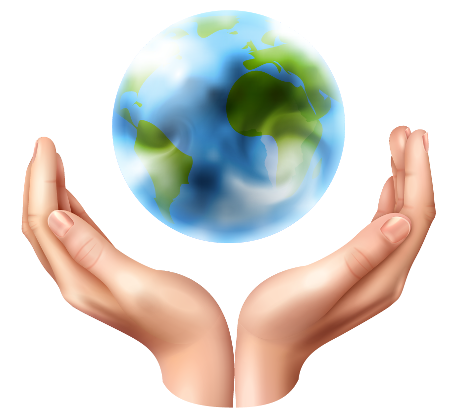 ecology symbols with realistic hands holding a thriving planet for environmental awareness